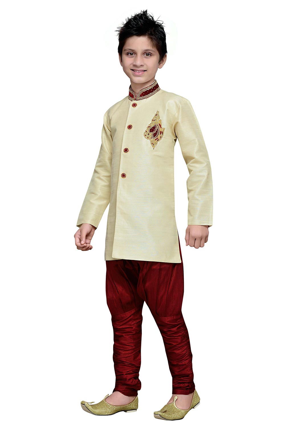 Boys Off White Silk Neck Embroidered Kurta Pajama Set