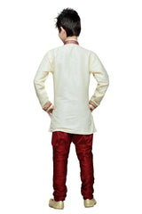 Boys Lemon Silk Solid With Geometric Border Work Kurta Pajama Set