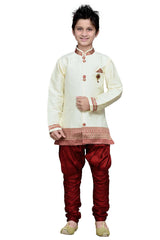 Boys Lemon Silk Solid With Geometric Border Work Kurta Pajama Set