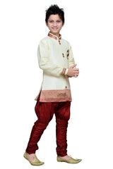 Boys Lemon Silk Solid With Geometric Border Work Kurta Pajama Set