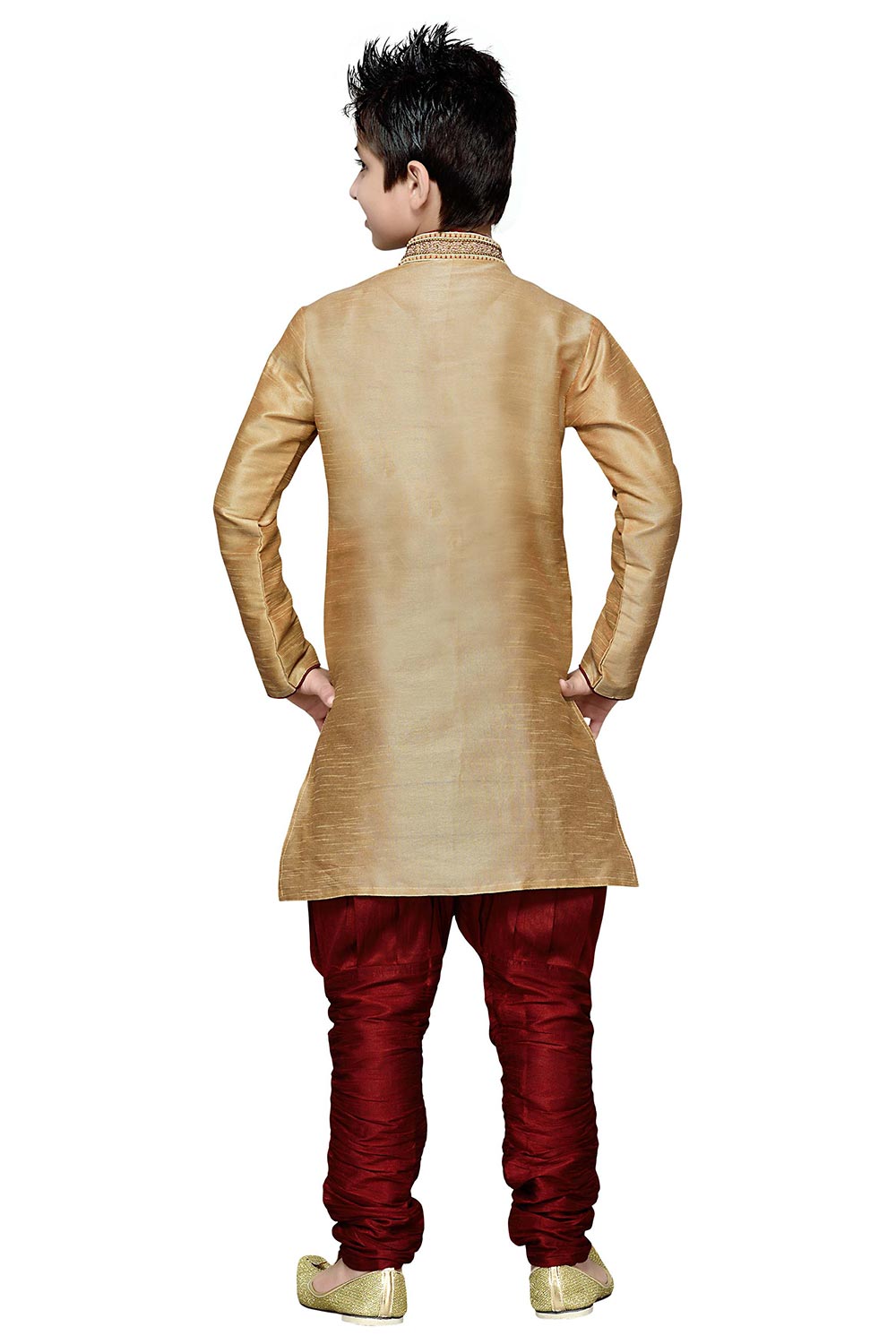 Boys Gold Silk Neck Embroidered Kurta Pajama Set