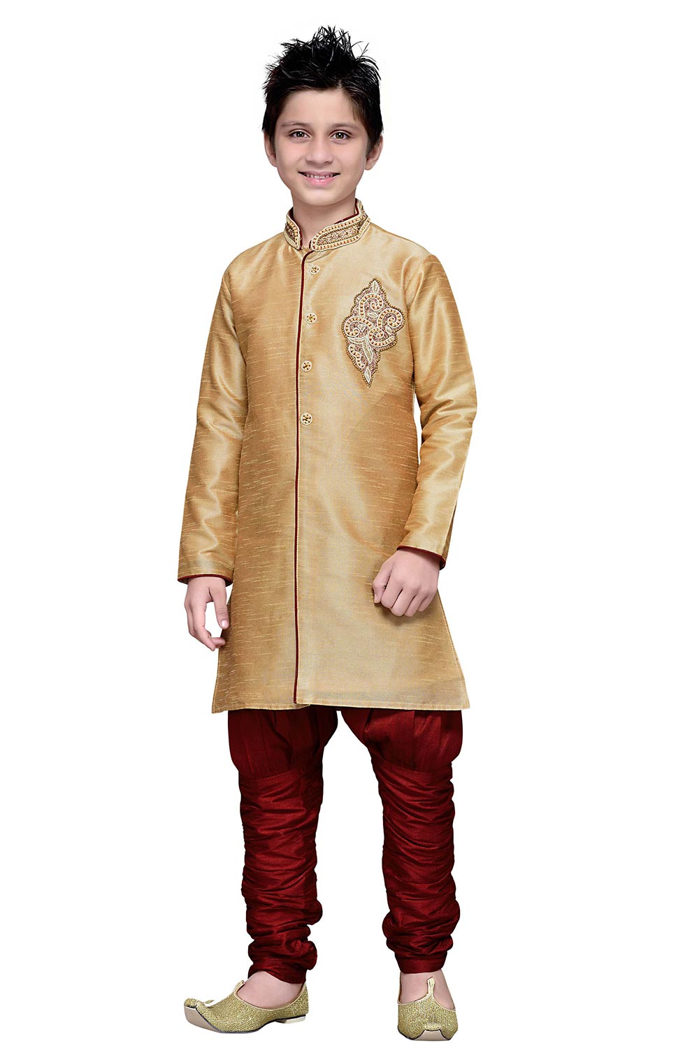 Boys Gold Silk Neck Embroidered Kurta Pajama Set