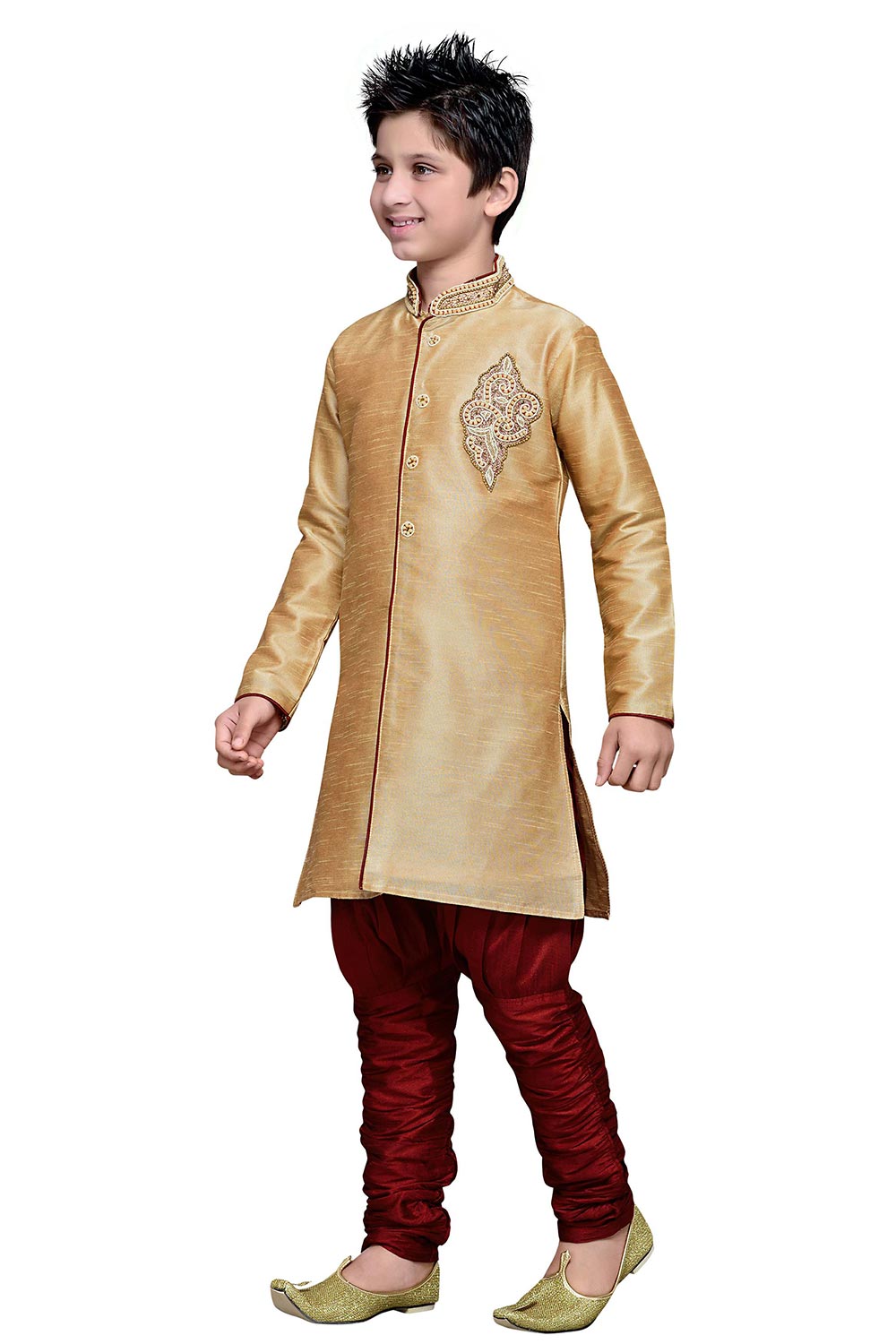 Boys Gold Silk Neck Embroidered Kurta Pajama Set