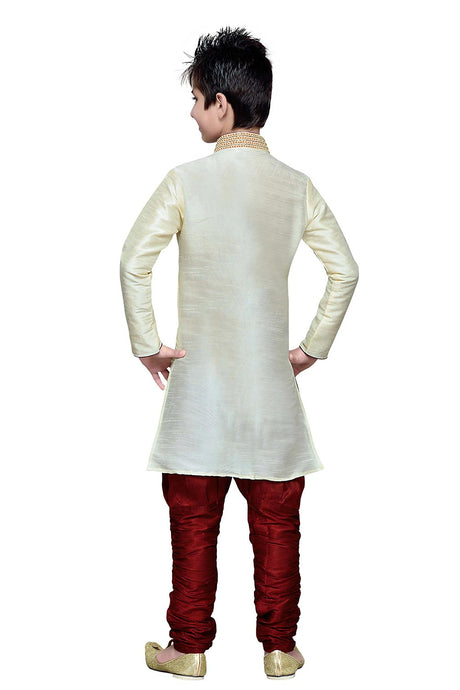 Boys Lemon Silk Neck Embroidered Kurta Pajama Set