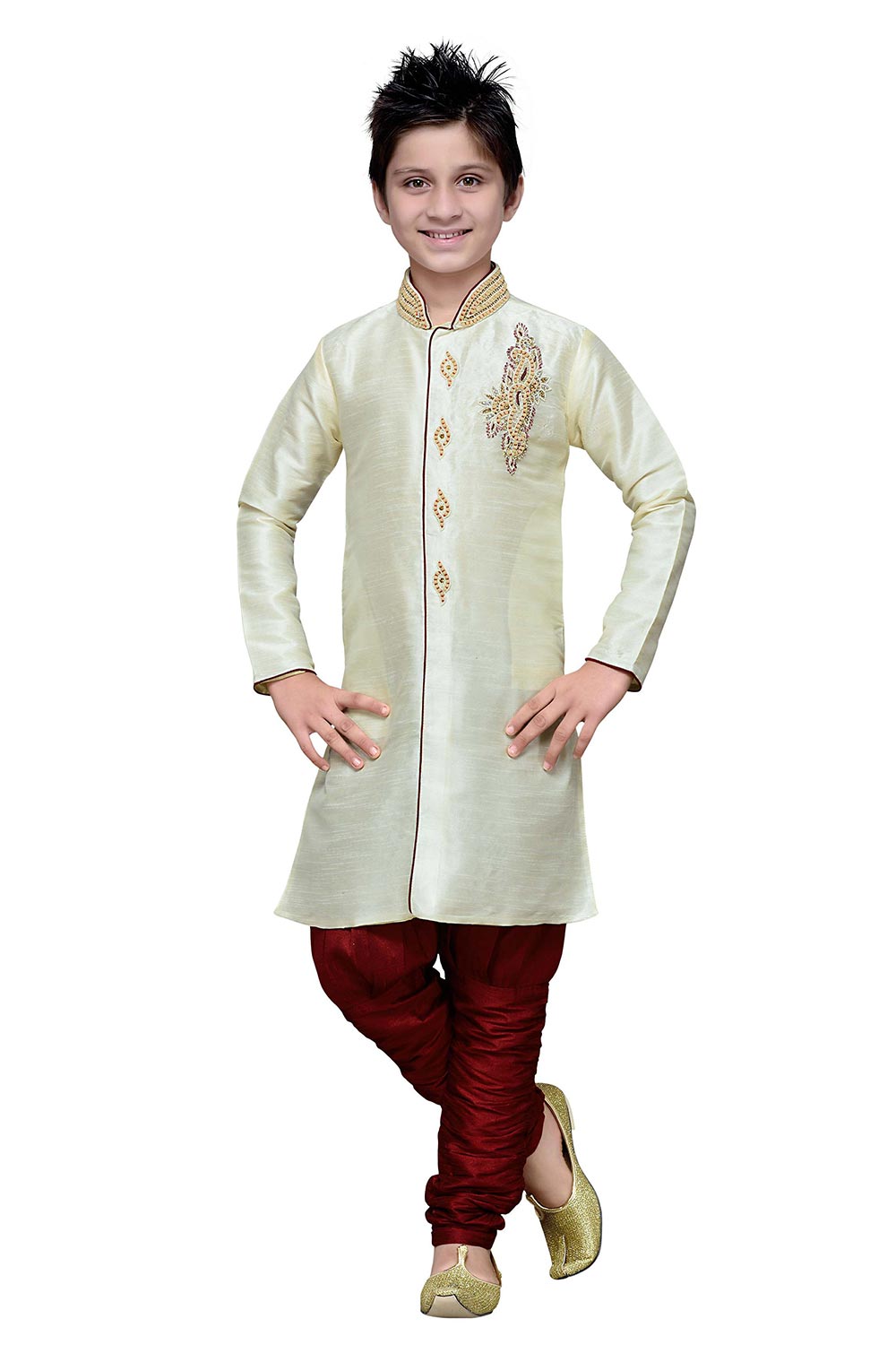 Boys Lemon Silk Neck Embroidered Kurta Pajama Set