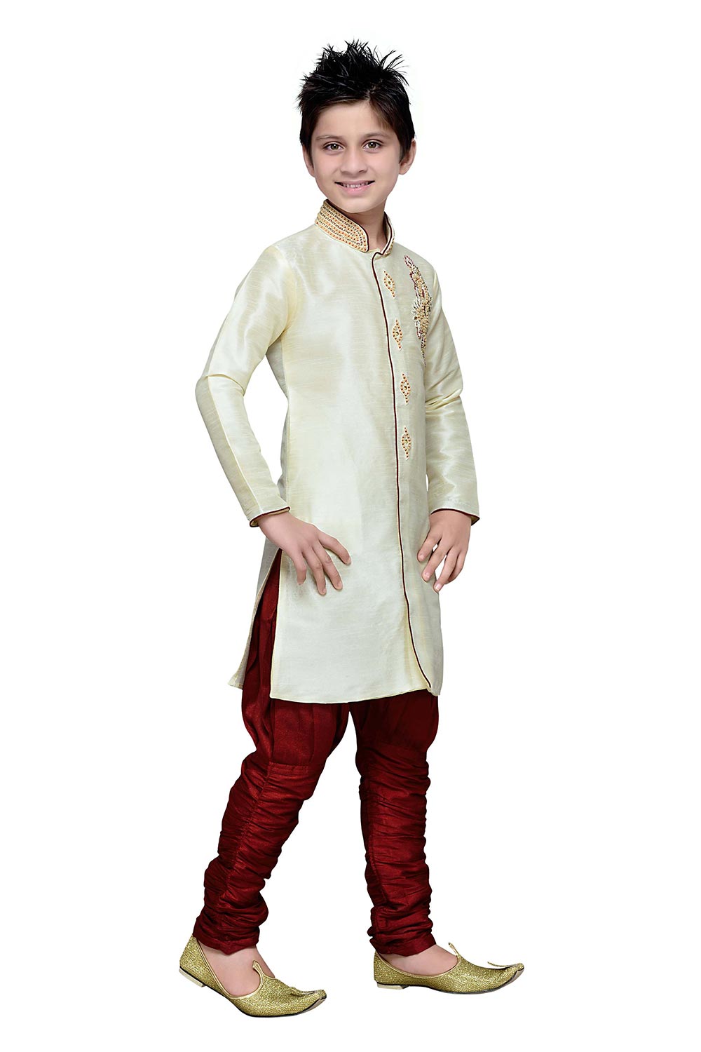 Boys Lemon Silk Neck Embroidered Kurta Pajama Set