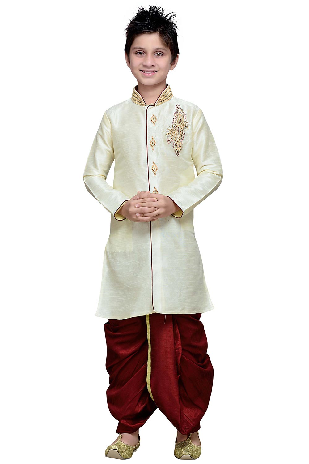 Boys Lemon Silk Neck Embroidered Kurta Pajama Set