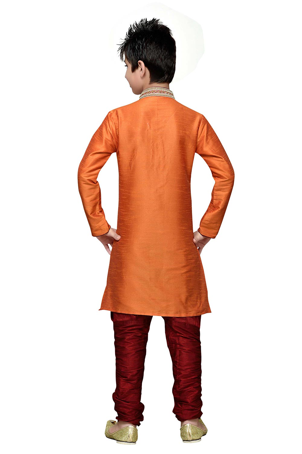 Boys Orange Silk Neck Embroidered Kurta Pajama Set