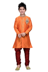 Boys Orange Silk Neck Embroidered Kurta Pajama Set