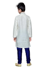 Boys Off White Silk Neck Embroidered Kurta Pajama Set