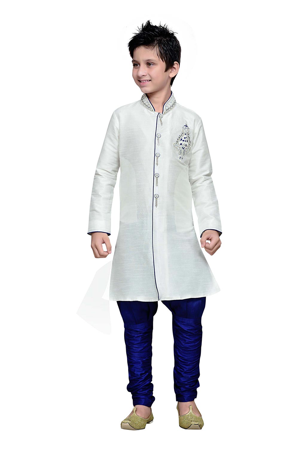 Boys Off White Silk Neck Embroidered Kurta Pajama Set