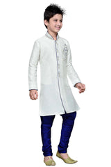 Boys Off White Silk Neck Embroidered Kurta Pajama Set