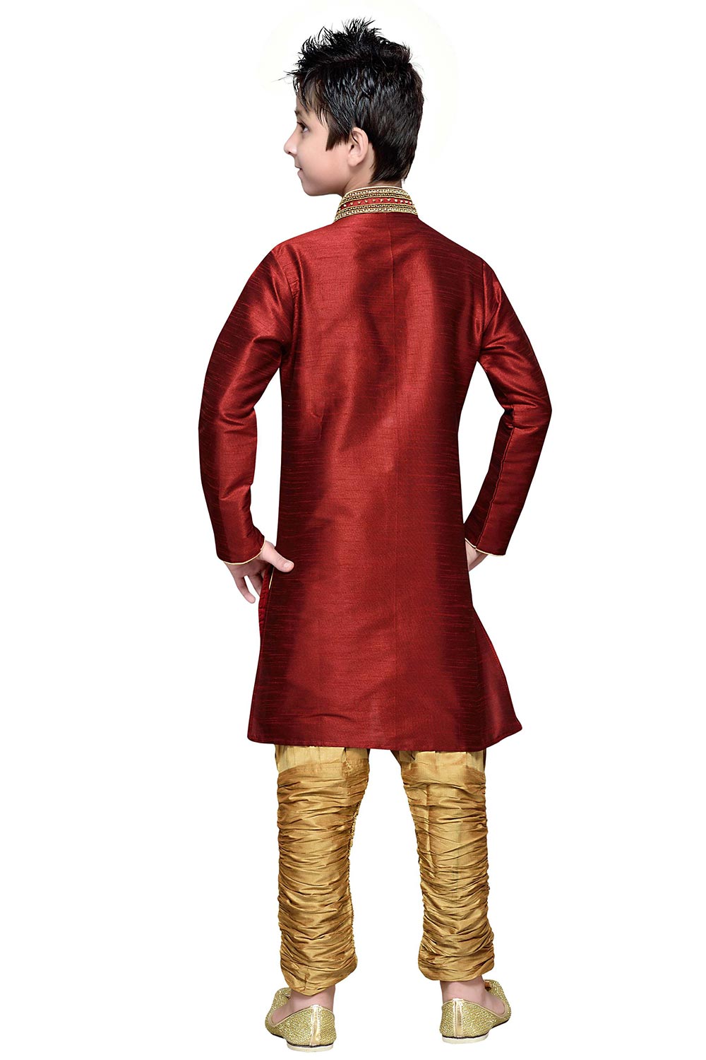 Boys Maroon Silk Neck Embroidered Kurta Pajama Set