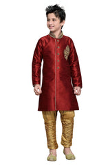 Boys Maroon Silk Neck Embroidered Kurta Pajama Set