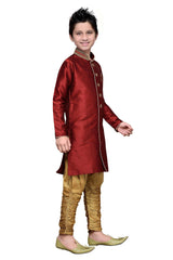 Boys Maroon Silk Neck Embroidered Kurta Pajama Set