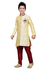 Boys Gold Silk Neck Embroidered Kurta Pajama Set