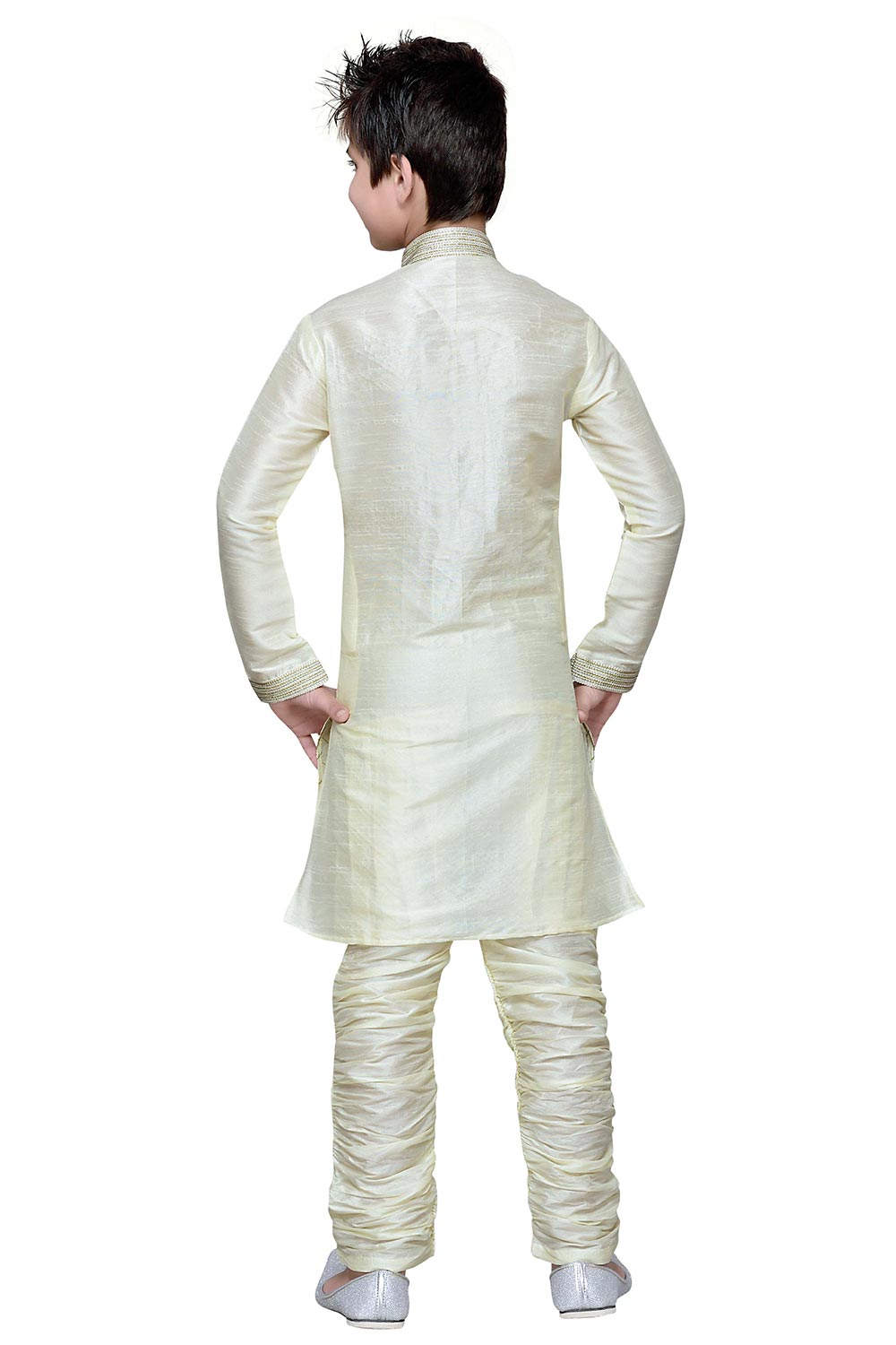 Boys Lemon Silk Resham Thread Embroidered Kurta Pajama Set