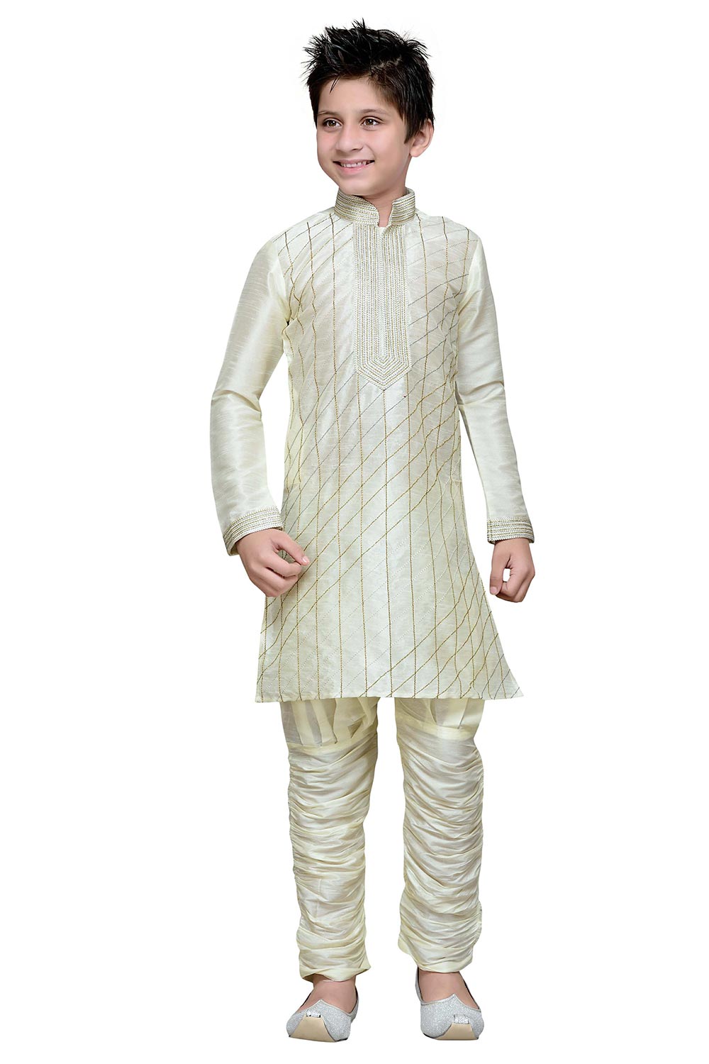 Boys Lemon Silk Resham Thread Embroidered Kurta Pajama Set