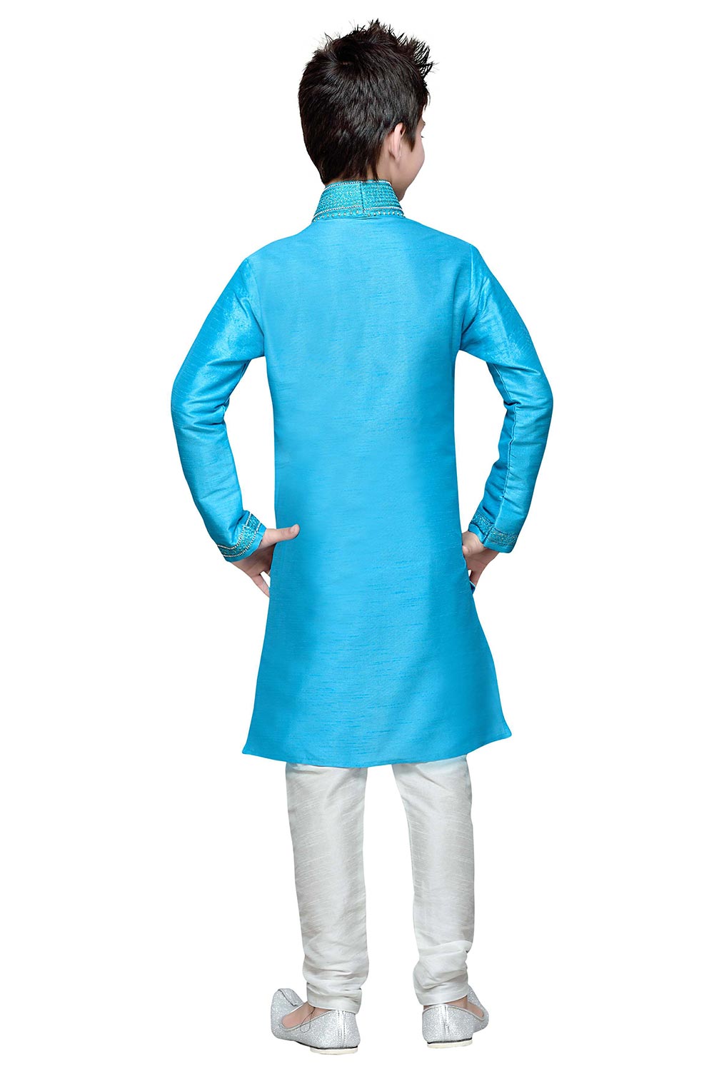 Boys Firoji Blue Silk Embroidered Embellished Kurta Pajama Set