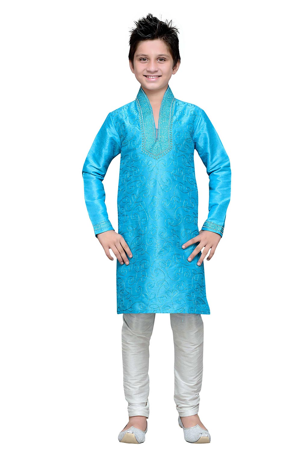 Boys Firoji Blue Silk Embroidered Embellished Kurta Pajama Set