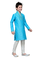 Boys Firoji Blue Silk Embroidered Embellished Kurta Pajama Set