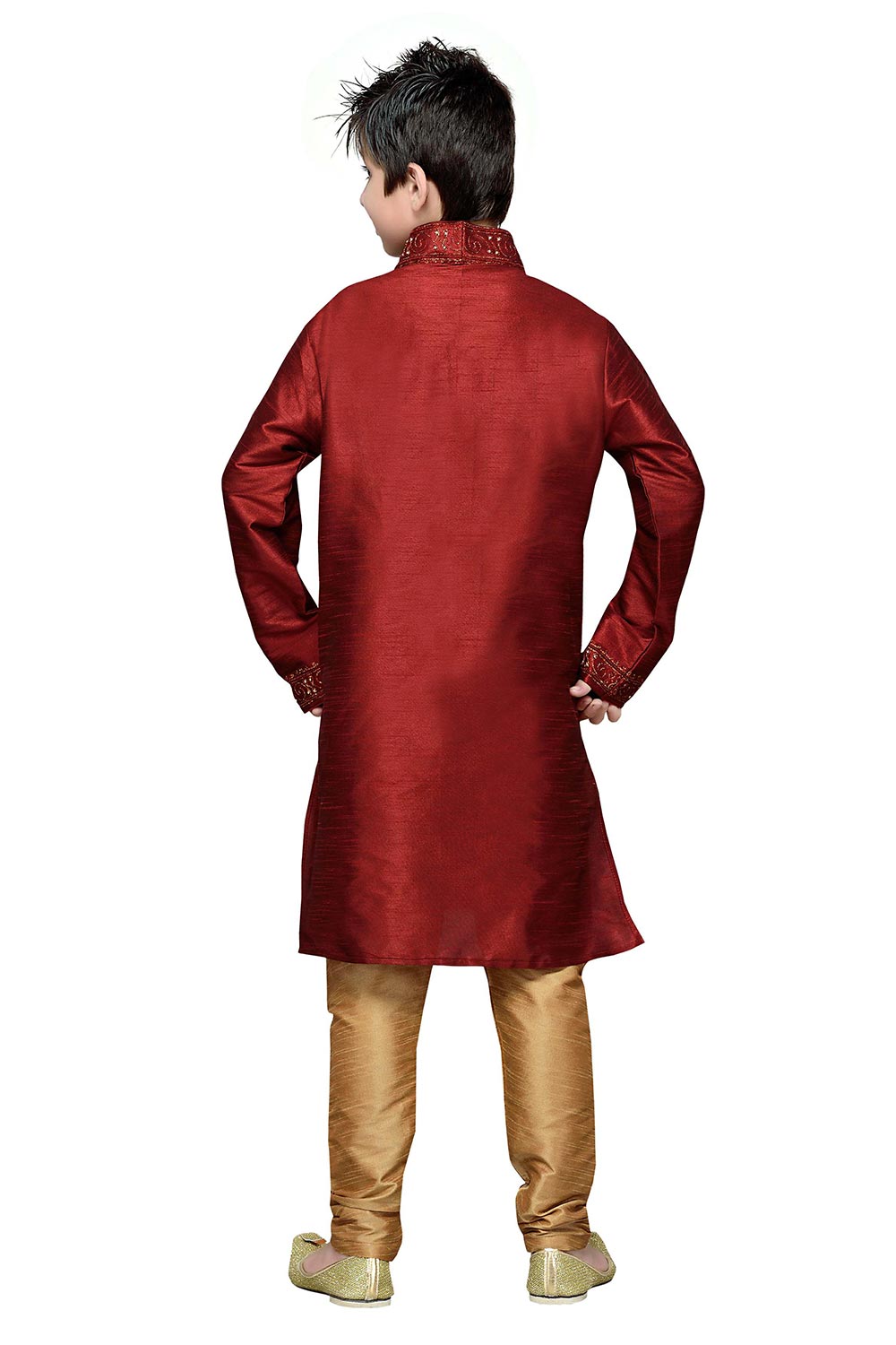 Boys Maroon Silk Embroidered Embellished Kurta Pajama Set