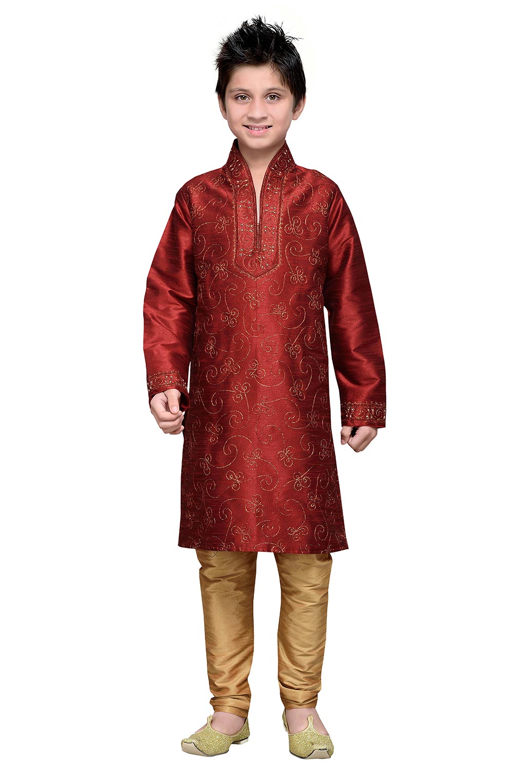 Boys Maroon Silk Embroidered Embellished Kurta Pajama Set