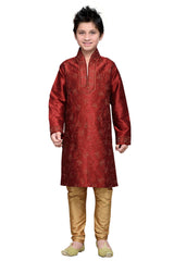 Boys Maroon Silk Embroidered Embellished Kurta Pajama Set