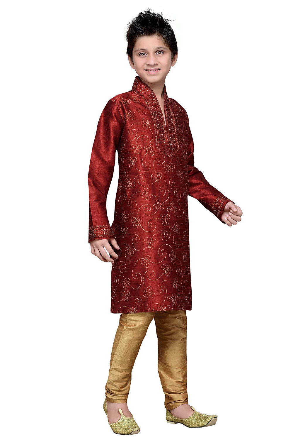 Boys Maroon Silk Embroidered Embellished Kurta Pajama Set