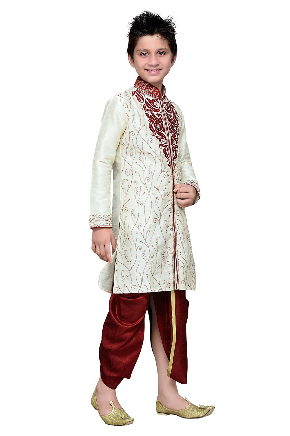 Boys Lemon Silk Embroidered Embellished Kurta Pajama Set