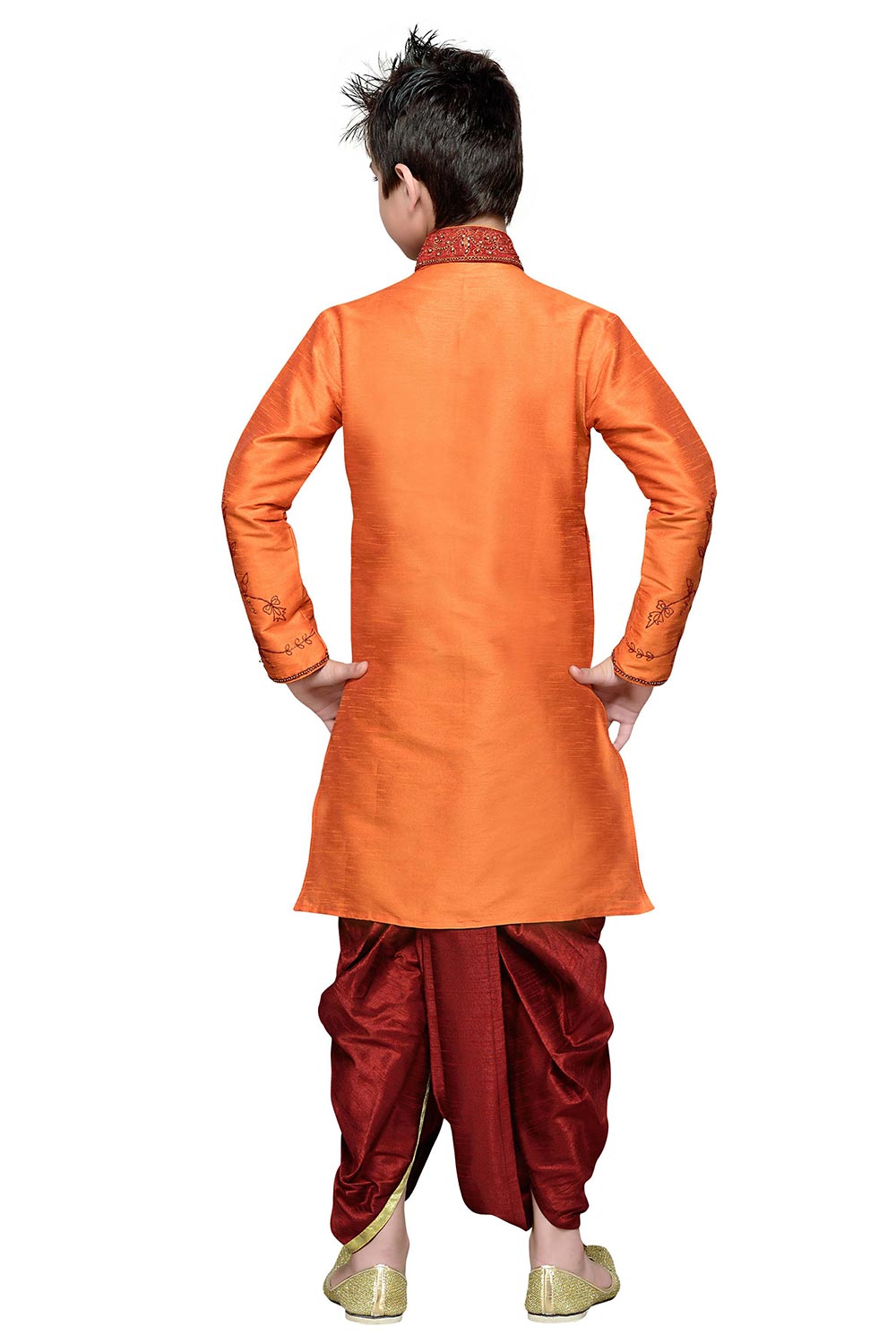 Boys Orange Silk Embroidered Embellished Kurta Pajama Set