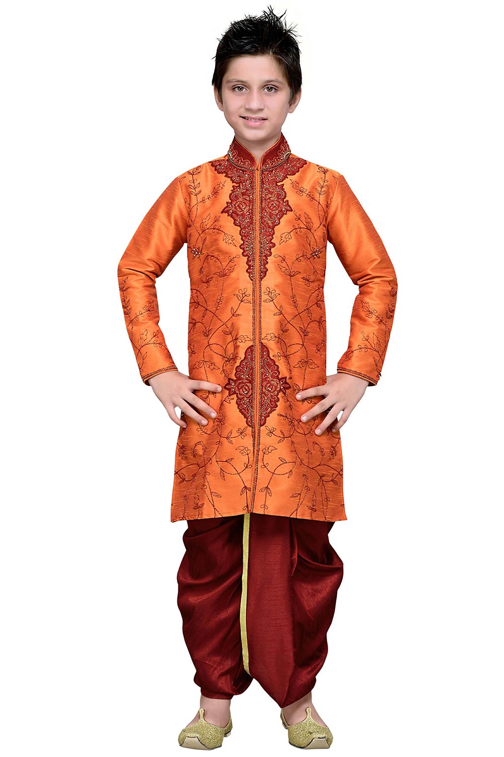 Boys Orange Silk Embroidered Embellished Kurta Pajama Set