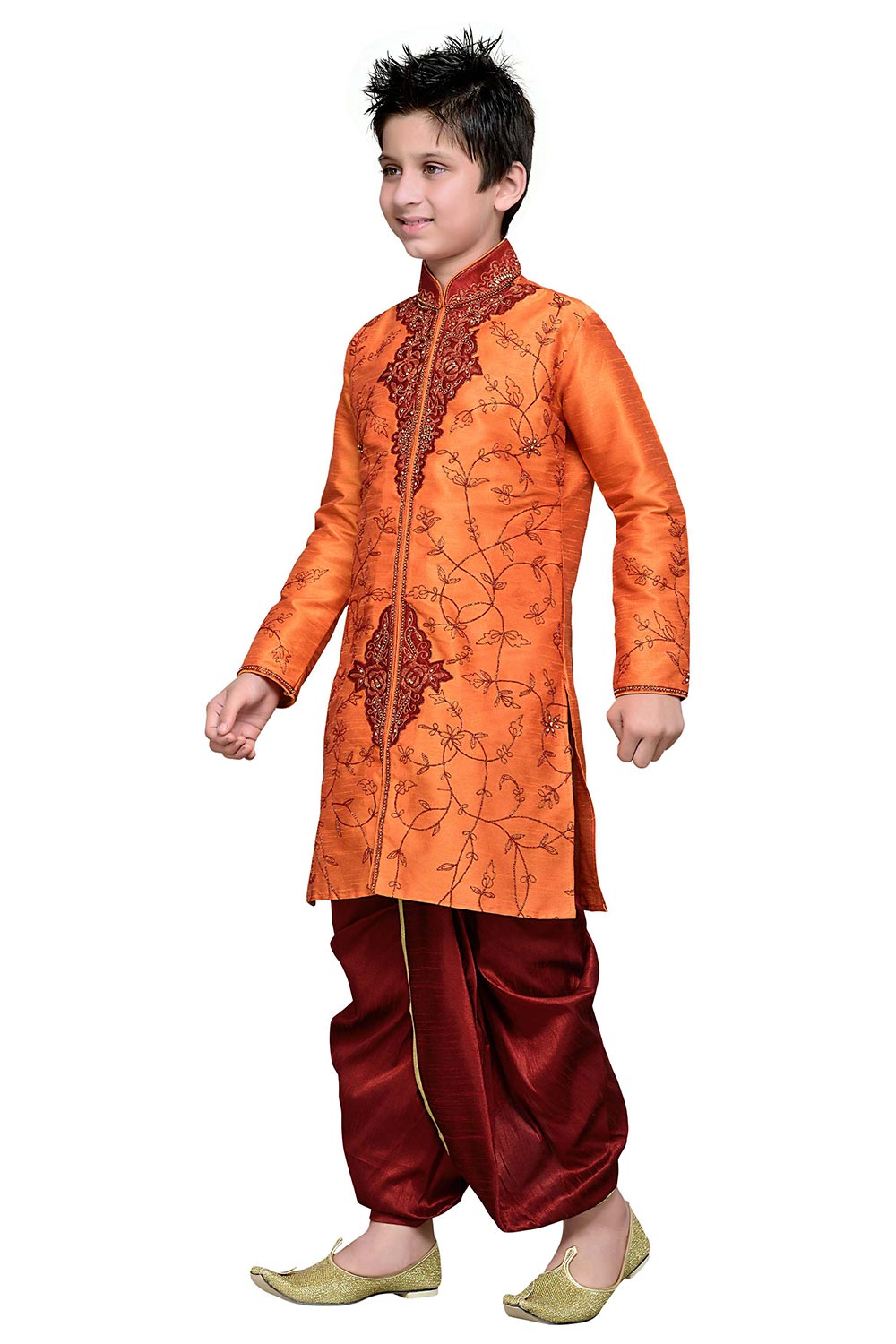 Boys Orange Silk Embroidered Embellished Kurta Pajama Set