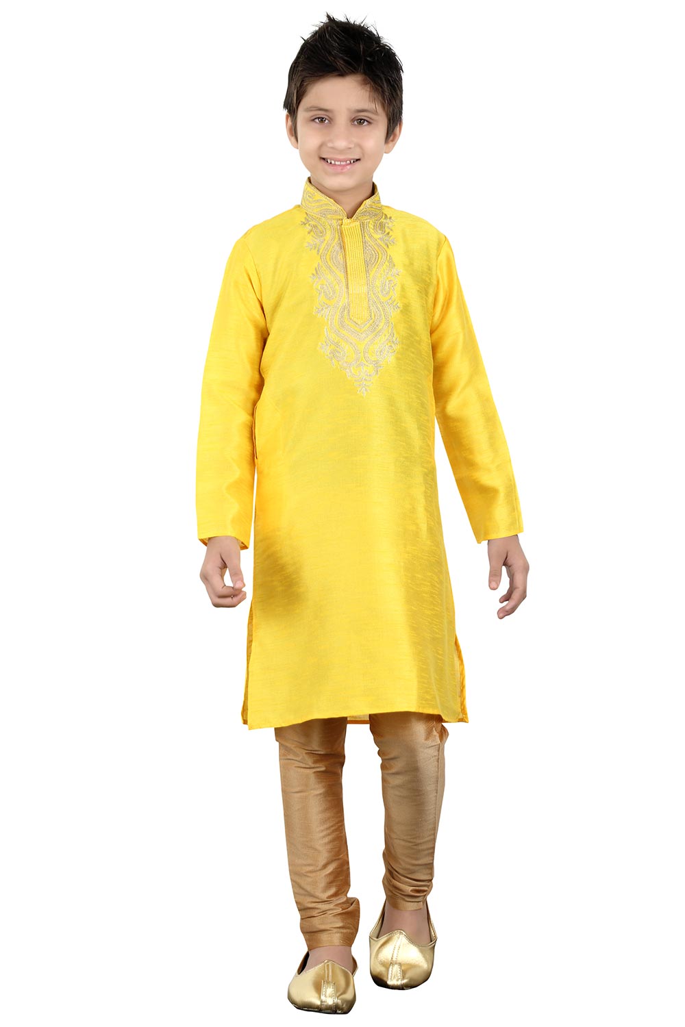 Boys Yellow Silk Neck Embroidered Kurta Pajama Set