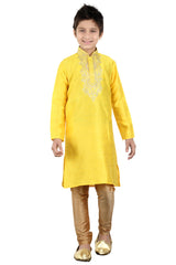 Boys Yellow Silk Neck Embroidered Kurta Pajama Set