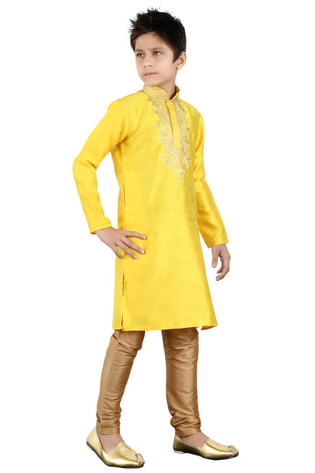 Boys Yellow Silk Neck Embroidered Kurta Pajama Set