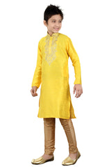 Boys Yellow Silk Neck Embroidered Kurta Pajama Set