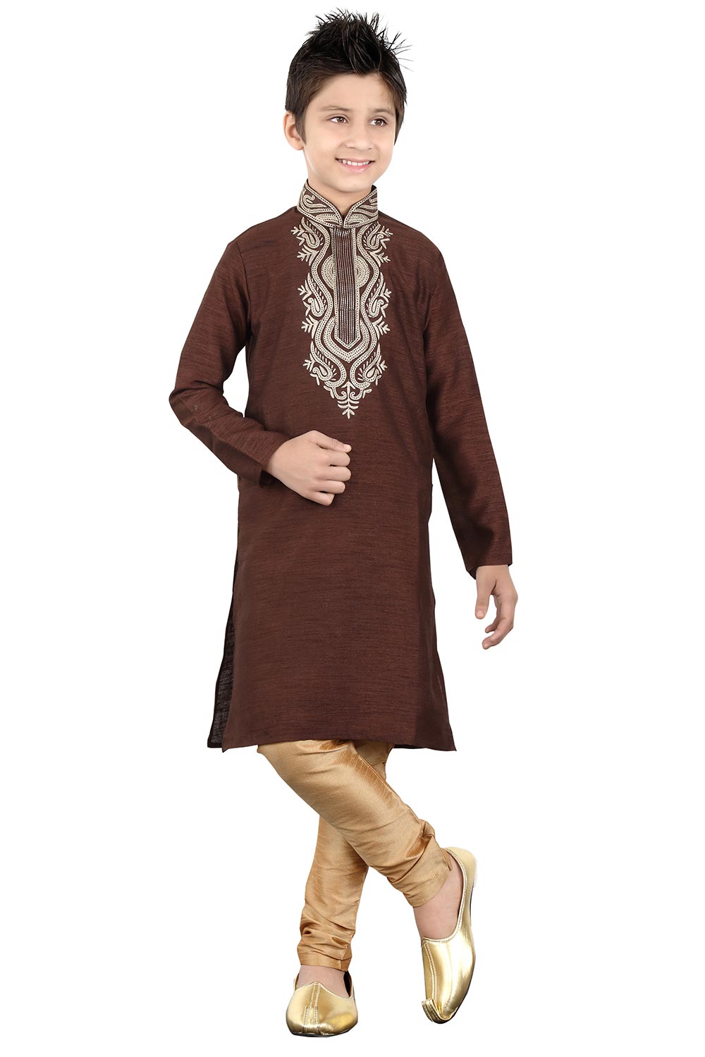 Boys Coffee Silk Neck Embroidered Kurta Pajama Set