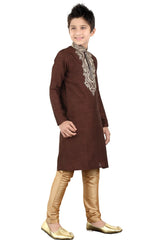 Boys Coffee Silk Neck Embroidered Kurta Pajama Set