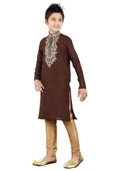 Boys Coffee Silk Neck Embroidered Kurta Pajama Set