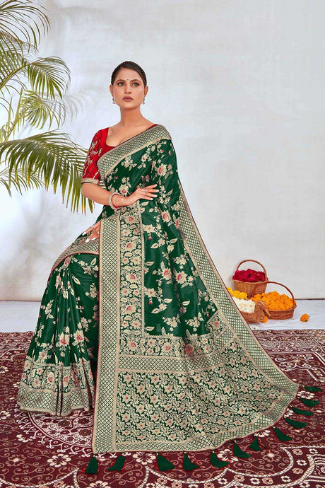 Dark Green Banarasi Silk Woven Saree