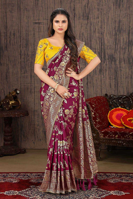 Dark Magenta Banarasi Silk Zari Woven Saree