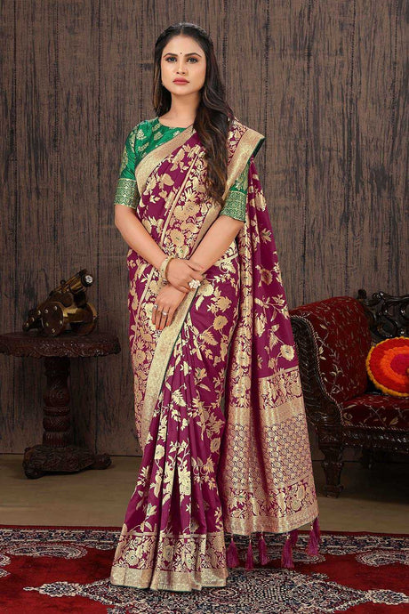 Magenta Banarasi Silk Floral Zari Woven Saree
