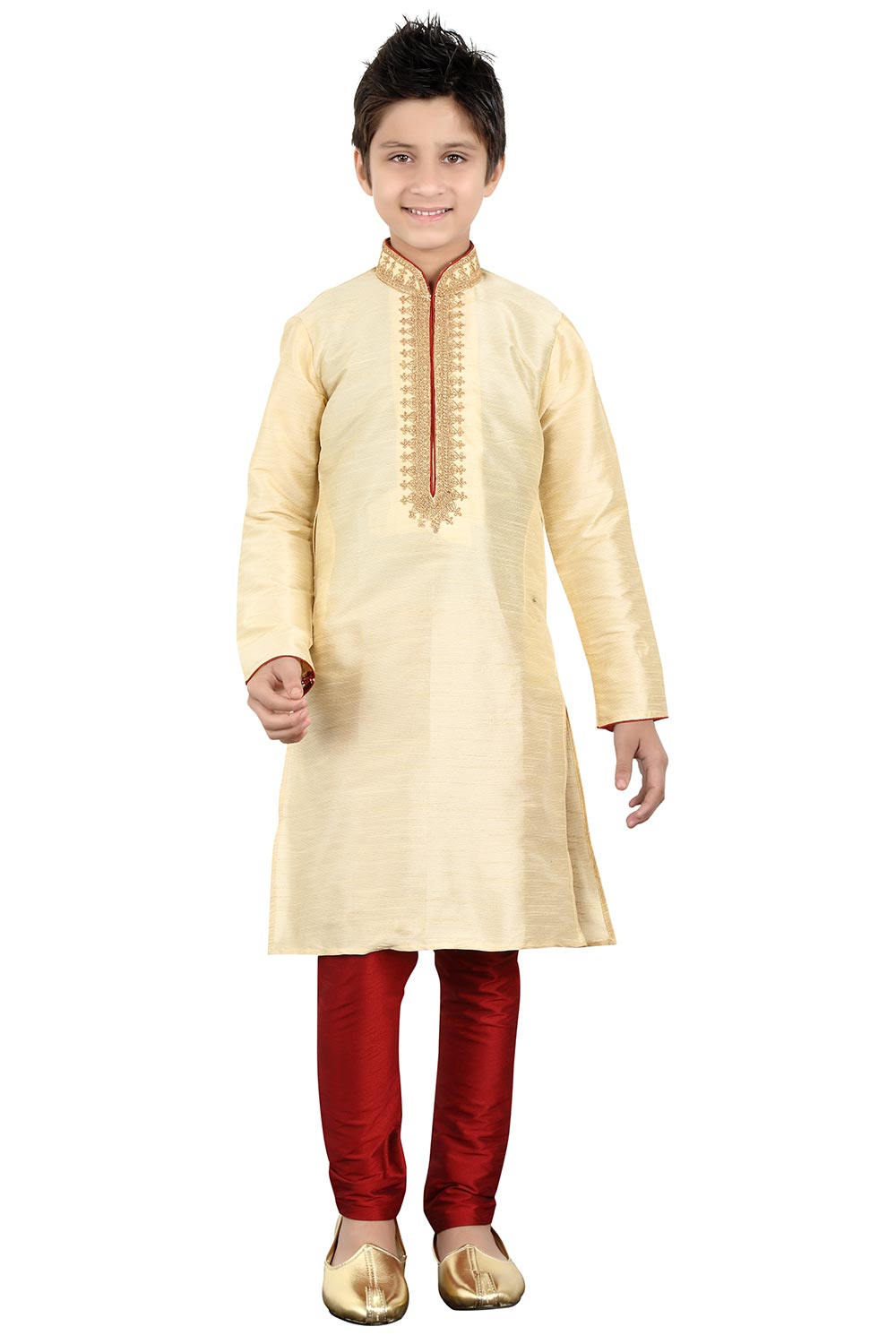 Boys Off White Silk Neck Embroidered Kurta Pajama Set