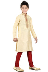 Boys Off White Silk Neck Embroidered Kurta Pajama Set