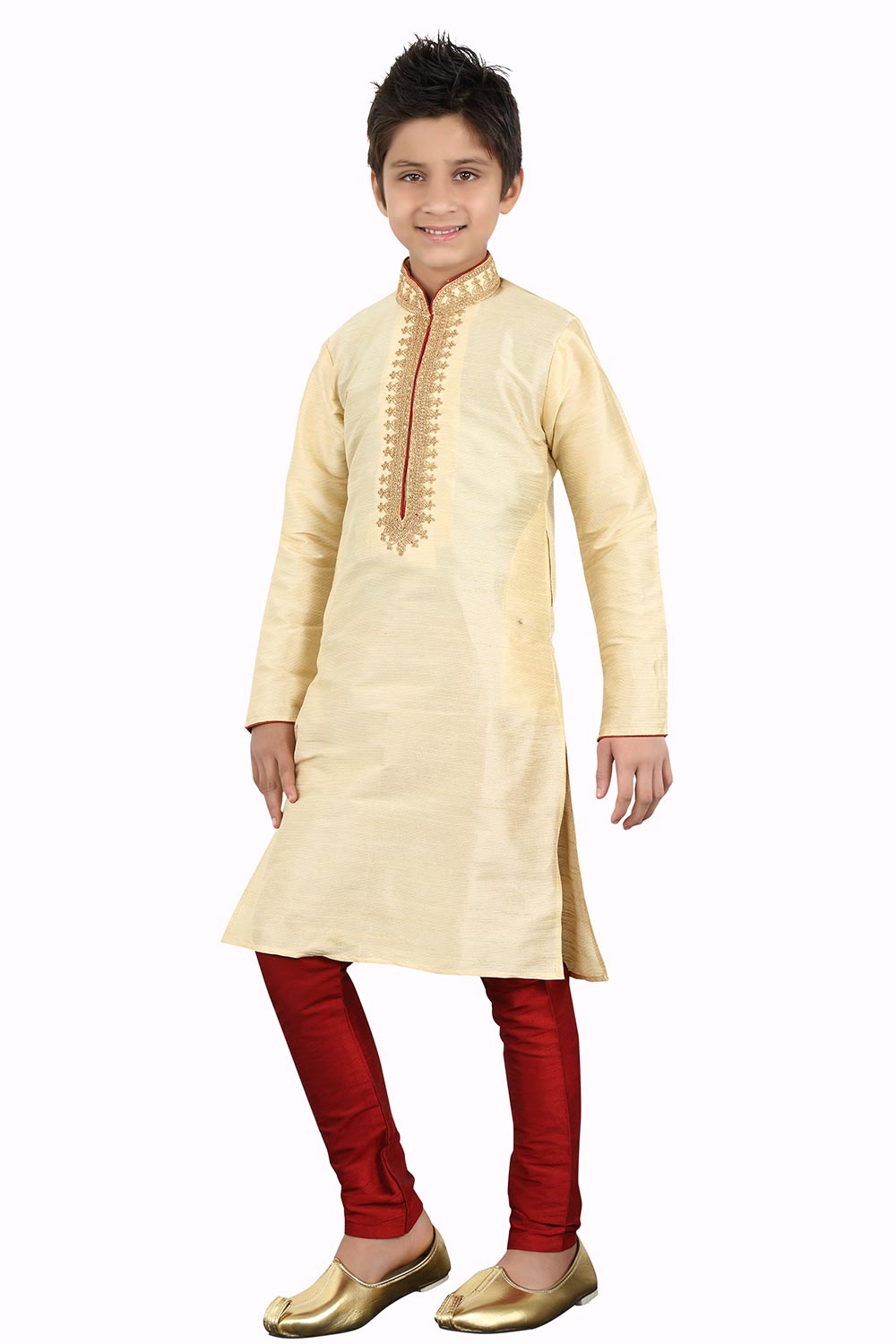 Boys Off White Silk Neck Embroidered Kurta Pajama Set