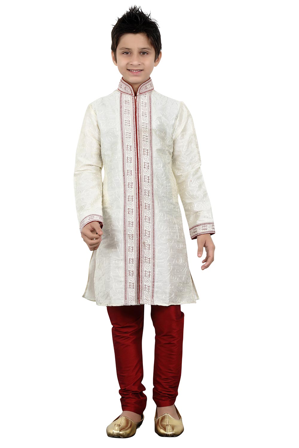 Boys Off White Silk Embroidered Embellished Kurta Pajama Set