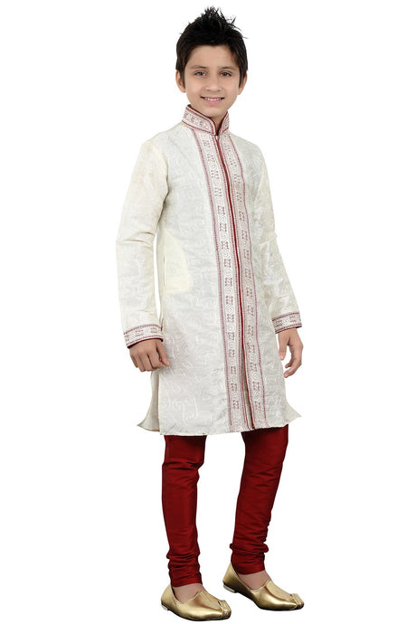 Boys Off White Silk Embroidered Emblished Kurta Pajama Set