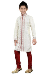 Boys Off White Silk Embroidered Embellished Kurta Pajama Set