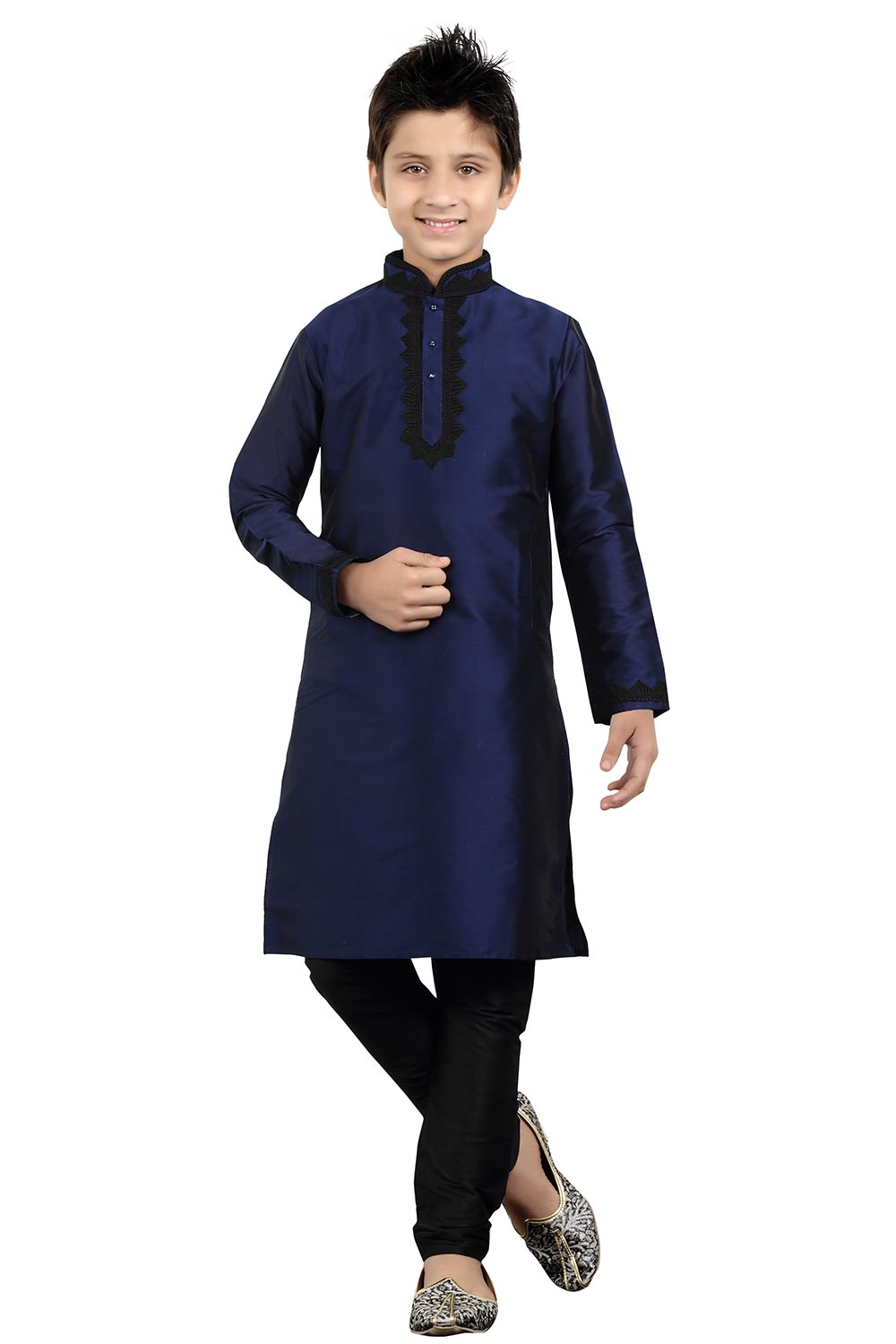 Boys Navy Blue Silk Neck Embroidered Kurta Pajama Set